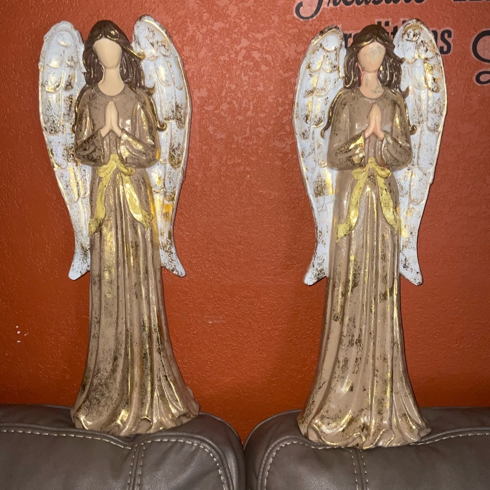Elegant Angel Figurines with Gold and White Wings